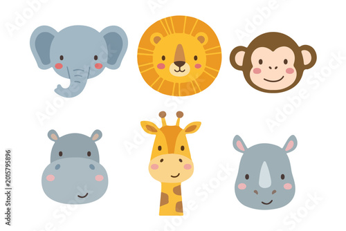 Canvas Print Cute Animal Face Icons with Elephant, Lion, and Giraffe for Kids Graphic