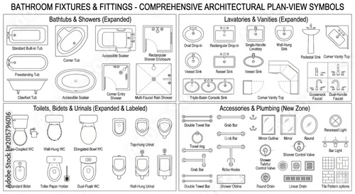 Obraz na płótnie Comprehensive Architectural Symbols Guide for Fixtures, Fittings, and Accessorie