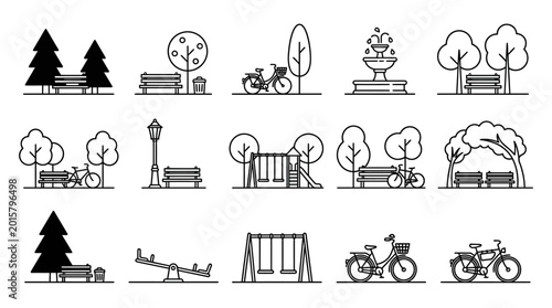 Εκτύπωση καμβά Collection of line art icons representing park elements and outdoor recreational