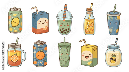 Fényképezés Cute Kawaii Drinks and Juices Vector Illustrations in a Variety of Fun Styles
