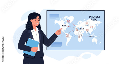 Woman pointing at global project risk map, business strategy concept