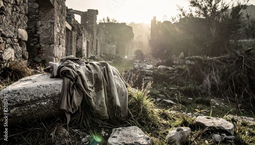 Discarded Woolen Cloak Over Stone Ruins in Overgrown Landscape