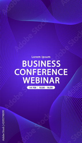 Webinar story background with blue wavy lines. Business conference vertical banner for online education, technology summit, or corporate virtual meeting announcement.