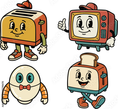 collection of four vintage mascot characters designed in the classic 1930s rubber hose animation style. the set features anthropomorphic household objects including a smiling toaster with a hat, a ret