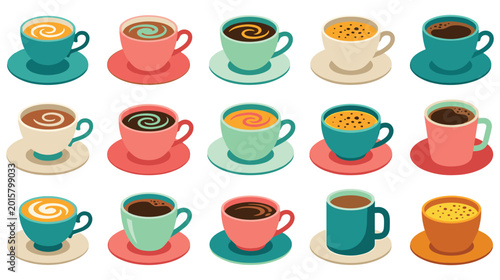 Photos Set of colorful isometric coffee cups with various latte art on saucers