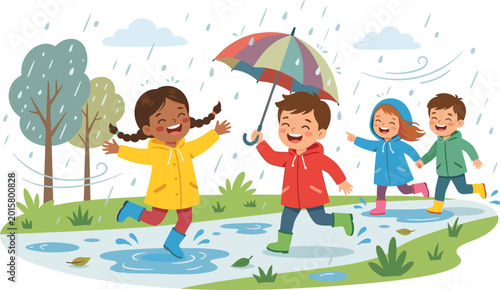 Bild auf Leinwand Happy diverse children wearing raincoats and boots playing in puddles with an umbrella during a rainy autumn day