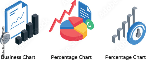 Set of Isometric Illustrations Depicting Business and Percentage Charts for Data Analysis and Financial Reports