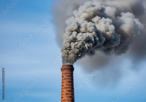 Thick gray smoke billowing out of a brick chimney stack against a clear sky, symbolizing ventilation and exhaust system function, burning, chimney, exhaust