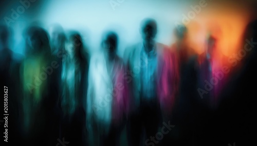 Blurred figures emerge from vibrant, smoky, and colorful darkness