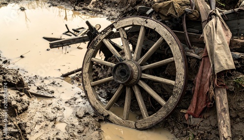 Shattered Wooden Wagon Wheel Hub Broken in Mud