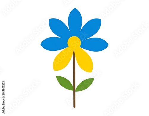 A simple, stylized flower with petals of blue and yellow, green leaves, and a brown stem