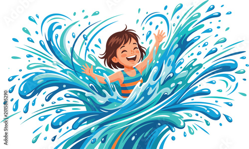Photography Happy young girl laughing and playing in giant blue water splashes during summer vacation at pool or beach