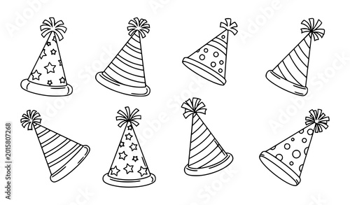Fotografía Cute party hats coloring page vector set with cartoon birthday cone caps in blac