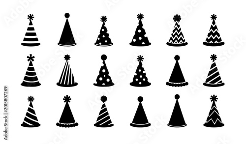 Foto Cute cartoon party hats vector set with colorful geometric patterns and pom poms
