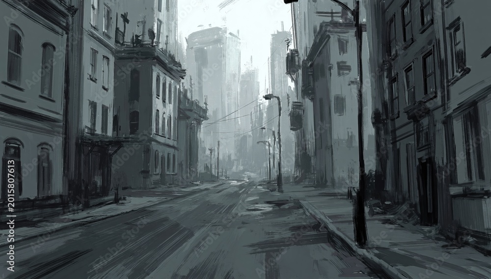 Fototapeta premium Gloomy, empty city street vista with tall, imposing buildings under a hazy sky