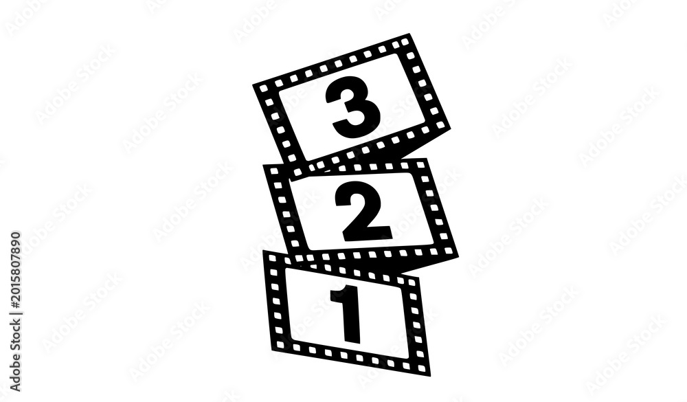 Fototapeta premium Retro movie film strip countdown vector illustration featuring vintage cinema frames with numbers 1 2 3 isolated on a solid white background