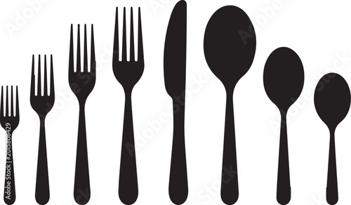 Foto Set of black cutlery icons including forks, knives, and spoons