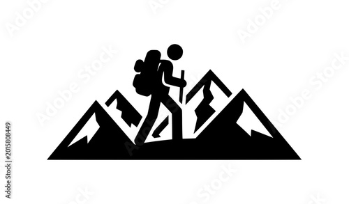 Konstfotografi Distressed linocut mountain hiker vector illustration with rugged backpacking tr