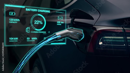 Sleek Modern Electric Vehicle Connector Showcasing Holographic Battery Status And Energy Flow Details