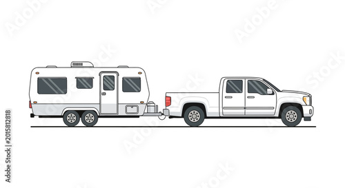 Schilderij op canvas Truck towing a camper trailer vehicle.
