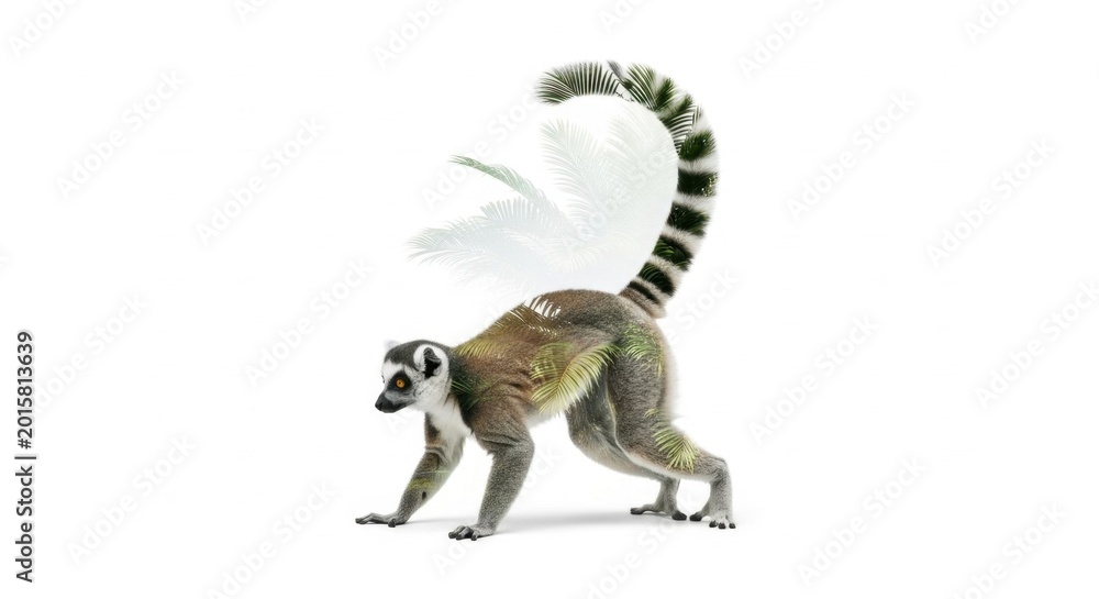 Fototapeta premium Ringtailed Lemur Standing Proudly with Iconic Striped Tail Isolated on Transparent Background