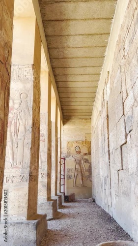 Beautiful interiors and ancient hieroglyphs in the Temple of Seti I in Abydos, Egypt.