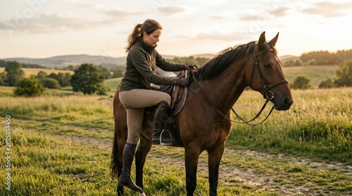 A woman in riding attire sits astride a brown horse in a sun-drenched field at sunset.