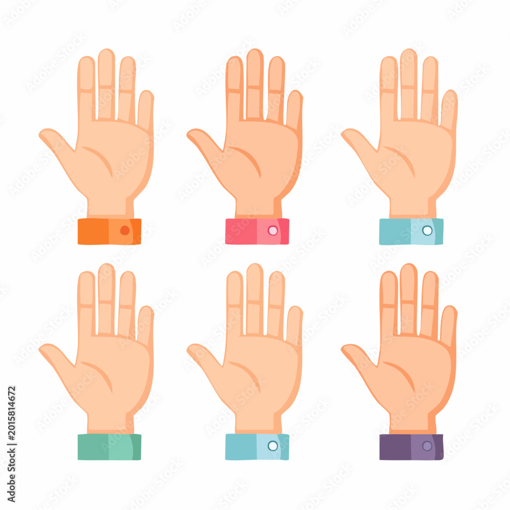 Fototapeta premium Collection of Six Open Hands with Different Colored Cuffs Isolated on White Background