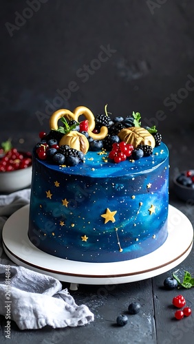 Delicious blue cake with fruit toppings.