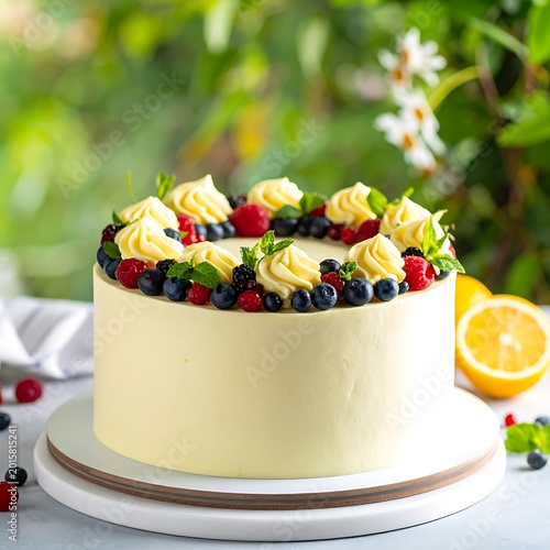 Delicious cake with berries and cream.