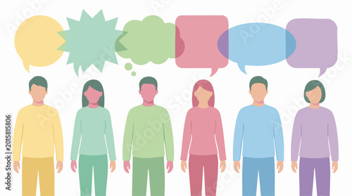 Foto Diverse group of people with colorful speech bubbles representing communication