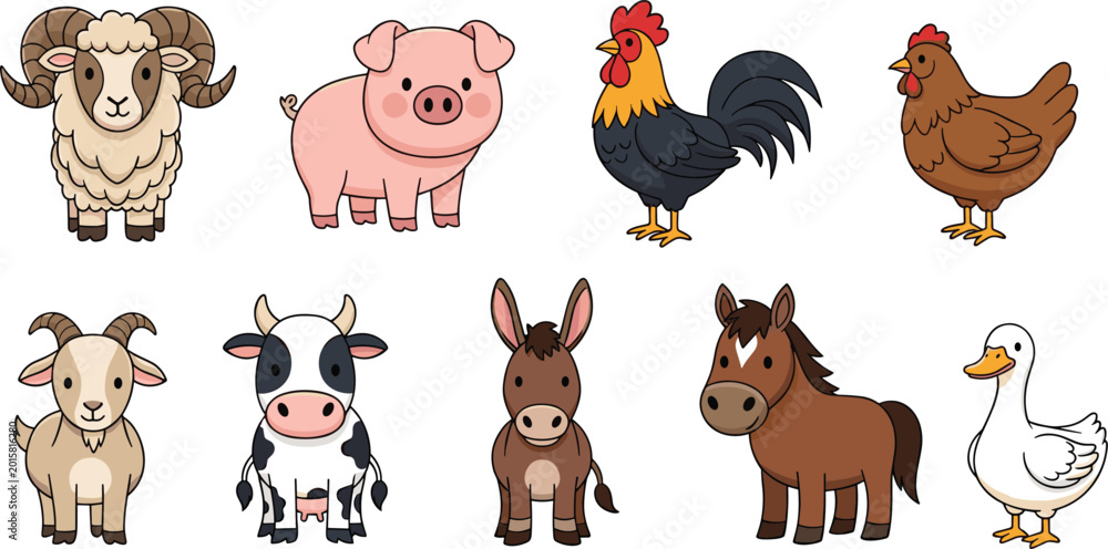 Fototapeta premium Farm Animal Collection, Sheep, Goat, Pig, Rooster, Chicken, Cow, Donkey, Horse, Goose, Cute Farm Animals, Cartoon Style Illustration