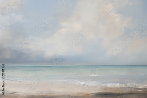 Serene ocean painting with gentle waves on a sandy beach under a cloudy sky, depicting a calming seascape fine art