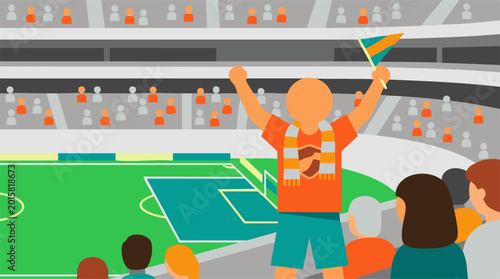 Φωτογραφία Illustration of a sports fan with flag cheering at a crowded football stadium
