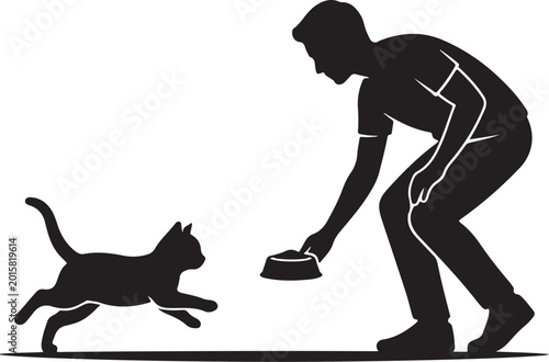 Black silhouette cat, running cat, feeding cat, pet owner, animal lover, vector icon