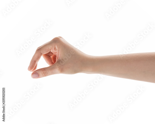 Female hand pick something isolated on white