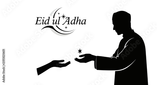 Photos Eid ul Adha greeting vector, silhouette of man giving charity to needy person, I