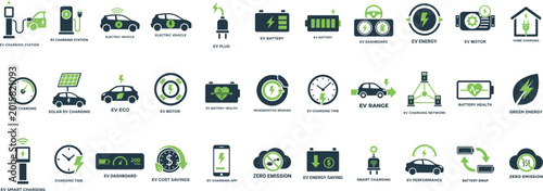 Electric Vehicle EV Charging Station Icons Set - Battery Solar Energy Green Technology Vector