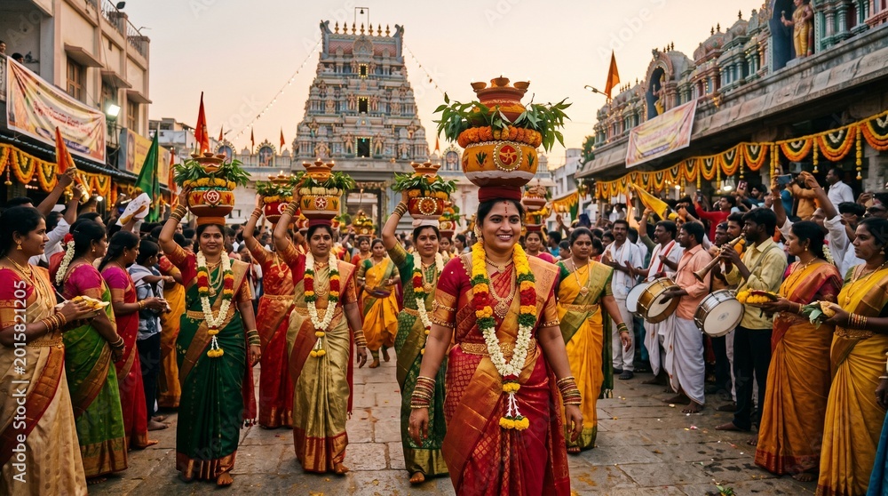Naklejka premium Women dressed in colorful traditional sarees carry decorated offering pots during a lively Hindu street festival procession in India, surrounded by musicians, dancers, and festive temple celebrations.