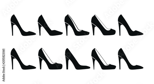 Foto Ten Black High Heel Shoe silhouettes arranged in two rows on white background for fashion and footwear concept design