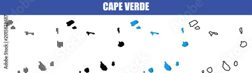 Foto Cape Verde islands map, dot map, silhouette, blue gradient and outline versions for archipelago