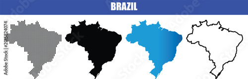 Brazil map collection with four distinct design styles including black silhouette blue gradient outline and halftone dot pattern effects.