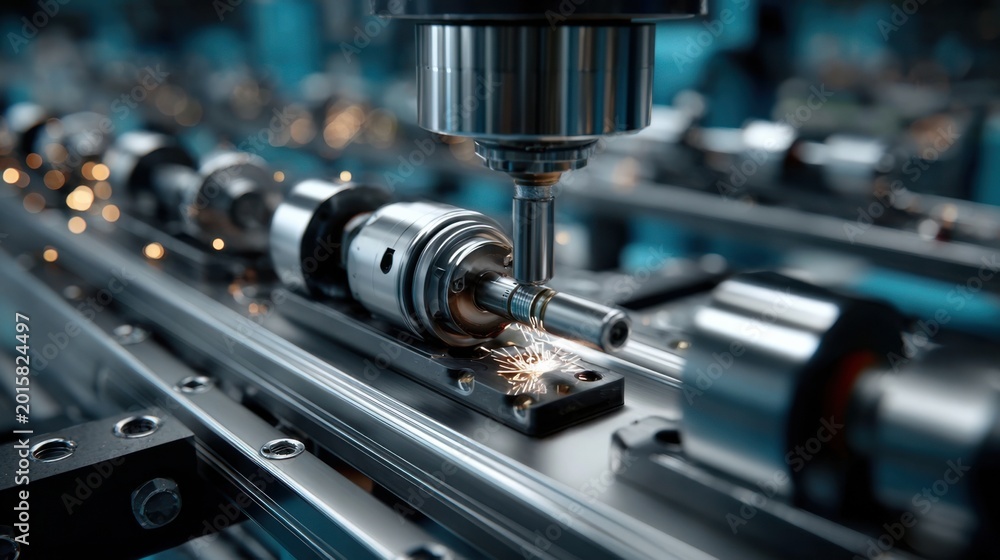 Fototapeta premium Machining process in a factory where metal parts are shaped and worked on using precision tools and equipment during daytime hours