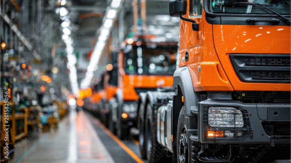Naklejka premium Trucks lined up in a factory ready for production during the day shift