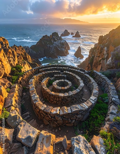 Stone spiral labyrinth on rocky coastline.