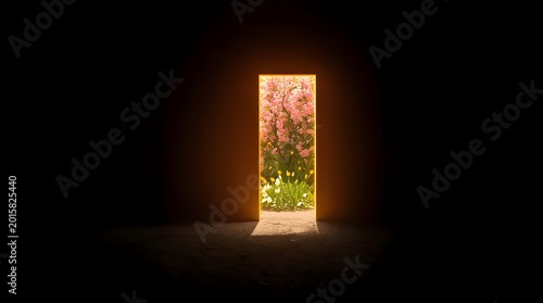 A door opens to reveal a vibrant garden with pink flowers and greenery outside
