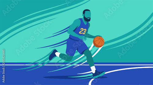 Tableau sur toile Dynamic vector illustration of a basketball player dribbling on a court