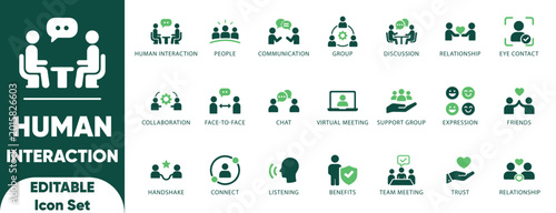 Human interaction Solid icon set. people, connection, friends, chat, bonding, socializing, illustration, chat, set, and solid icons.