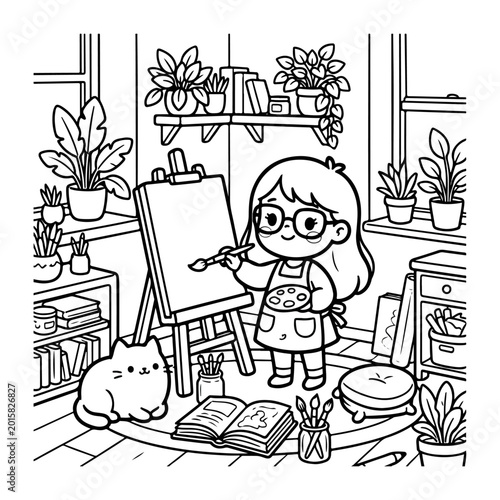 Cute Girl Painting on Canvas in Cozy Room Coloring PagePrint