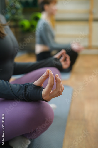 Close up of women sitting on yoga mats and meditating in a peaceful fitness studio during a mindfulness and wellness session.